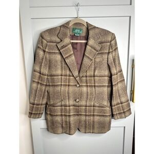 Lauren Ralph Lauren Vtg‎ Women's Plaid Wool Blend Blazer Sz 12 Brown Tan Classic